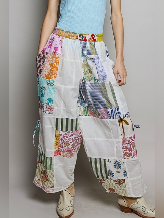 POL Pants - POL Printed Patchwork Wide Leg Pants with Adjustable Side Drawstring